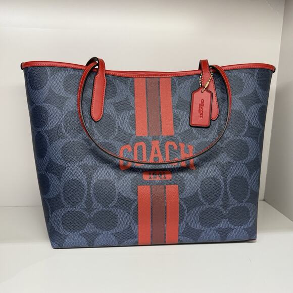 Last 1 ‼️COACH City Tote Bag Signature Canvas Coach Graphic CBI79 Denim/Bold Red - Picture 2 of 9